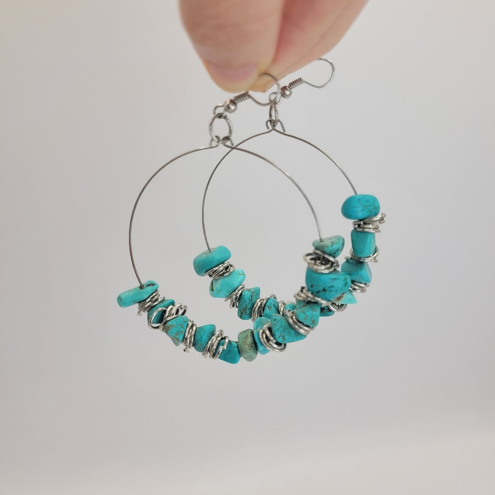 Turquoise Chip Stone and Wire-Wrapped Spacer Heavy Large Hoop Earrings